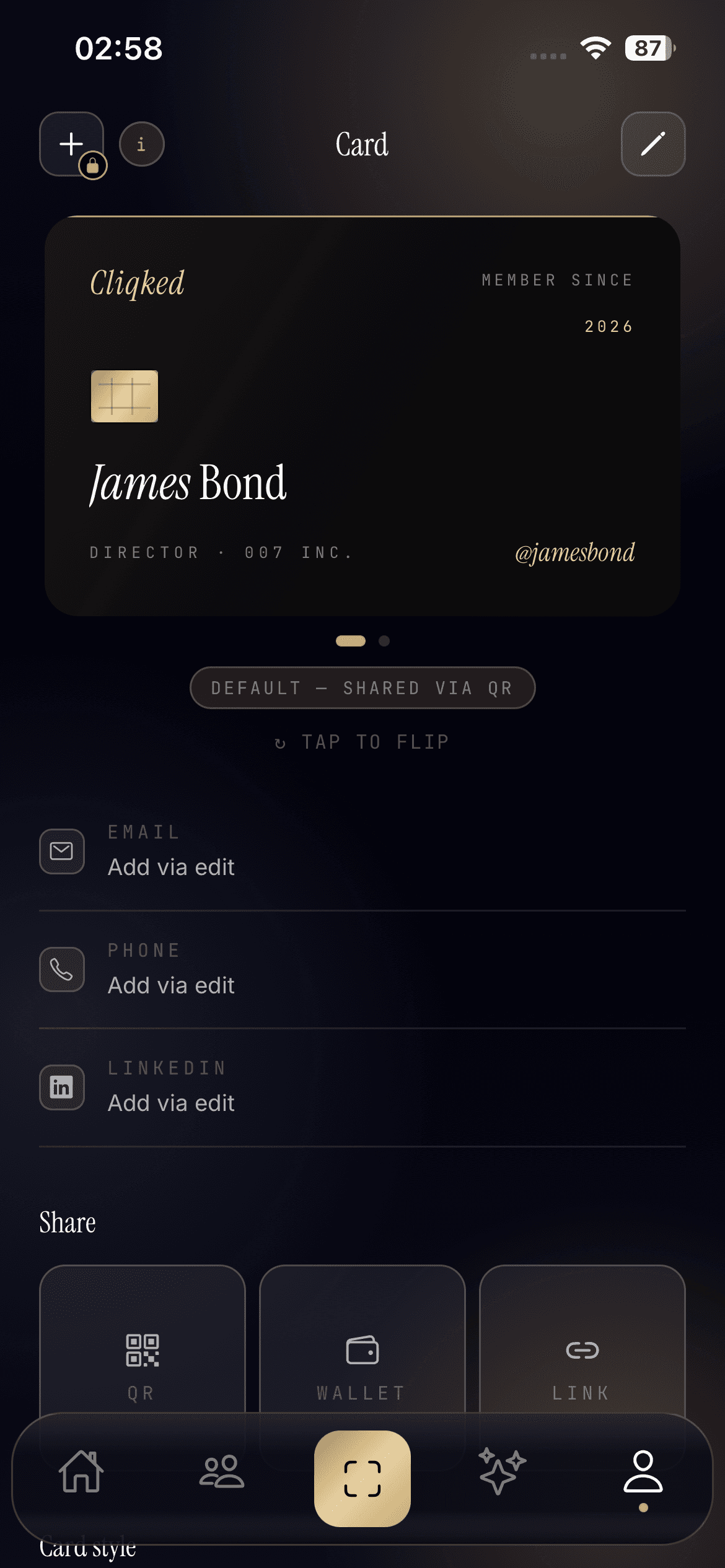 Cliqked profile tab showing a digital business card with share options
