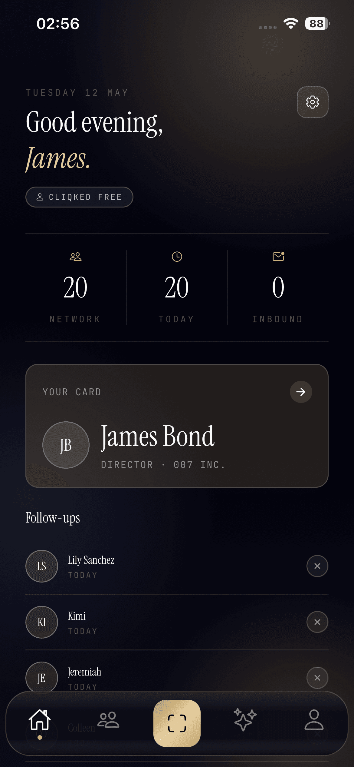 Home tab showing today's follow-up reminders for people in your network.