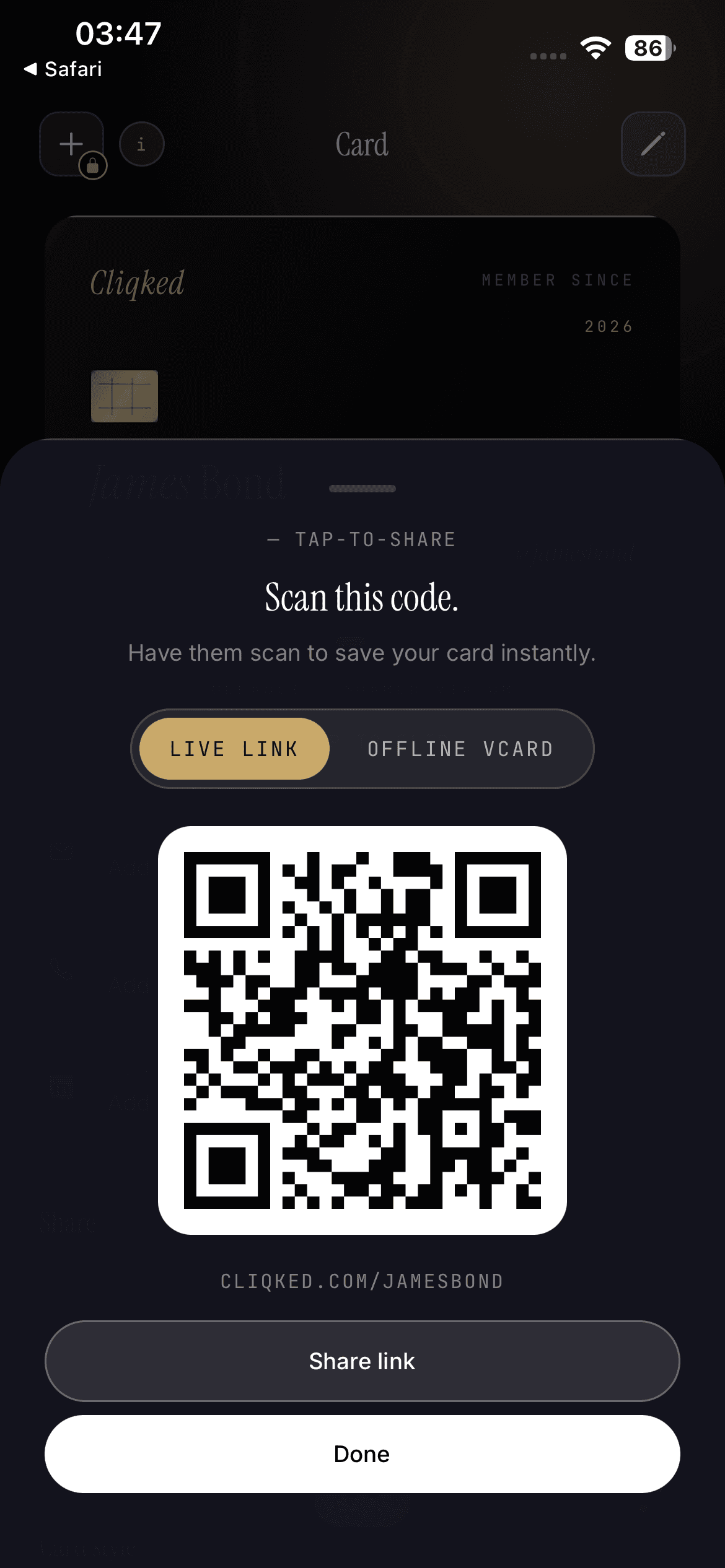 Cliqked share screen with a live link QR code that recipients scan to save the card.