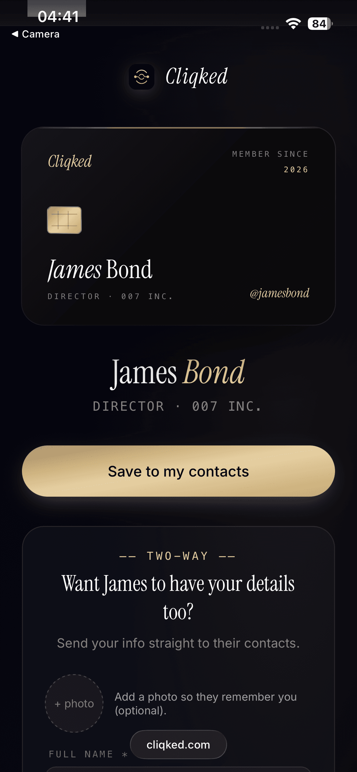 Public profile page — recipients tap Save to my contacts and can send you their details back.