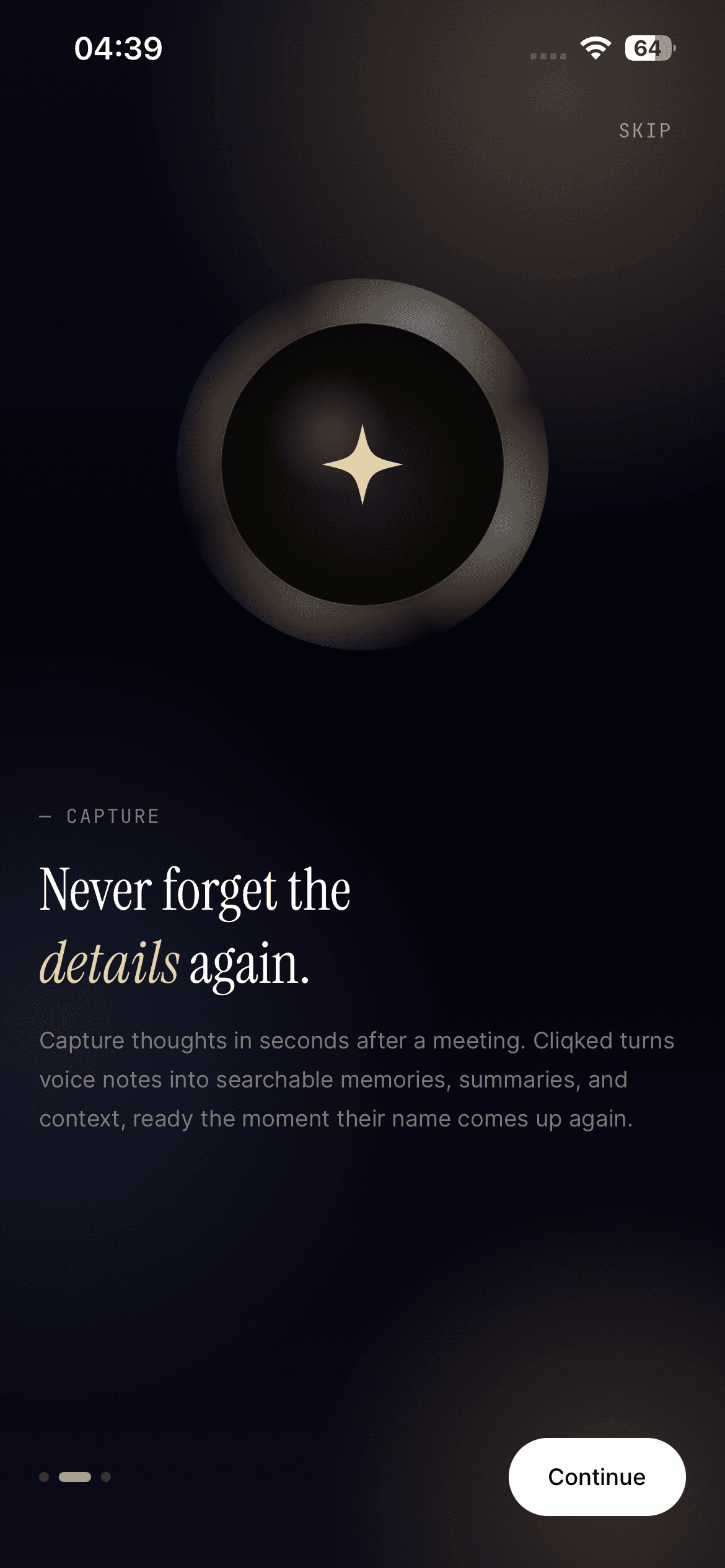 Cliqked voice memo capture — speak your notes after a meeting and they become searchable.
